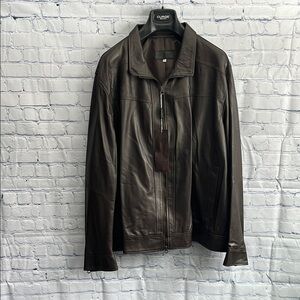 Italian‎ Brown Leather Zip Up Jacket made by CURGÈ Mens size 2XL NWT #7